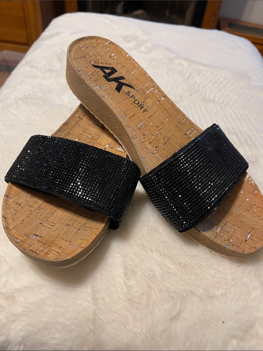 Anne Klein Black Embellished Cork-Style Slide Sandals